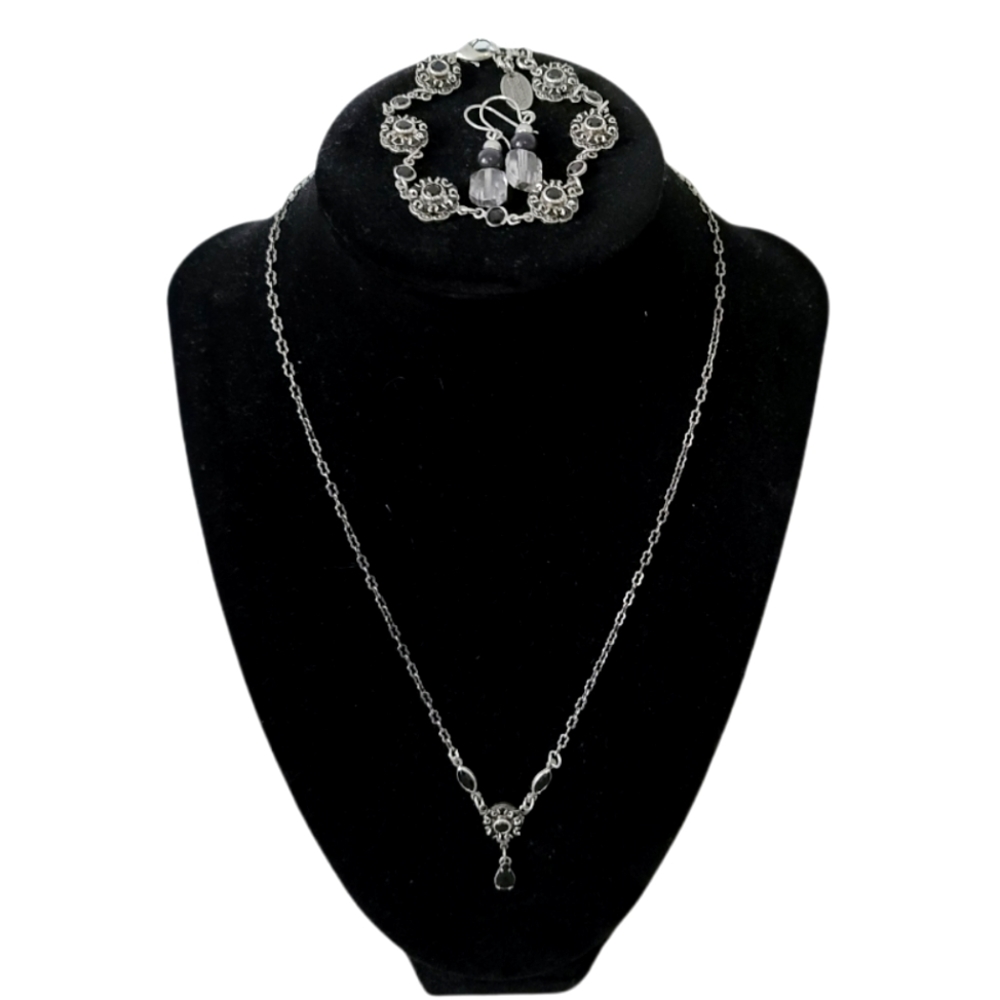 Black gem necklace, bracelet, earrings